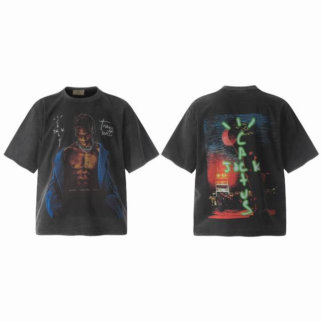 Vt946 Travis Scott斯科特Big Face人像演出限定搞怪印花复古水洗做旧短袖T恤 小领口设计 白墨数码直喷印花 高街复古重磅做旧水洗Vinta