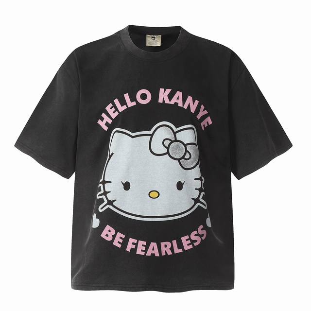 Vt942 Hello Kanye凯蒂猫Kt猫卡通人像数码直喷印花复古水洗做旧侃爷同款短袖T恤 小领口设计 白墨数码直喷印花 高街复古重磅做旧水洗Vintage