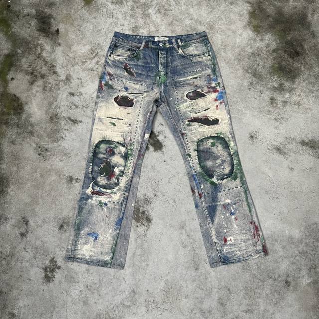 顶级版本-款号T05 Dnd4Des 原创设计数码印花Boro重工破坏珠宝链条宽松直筒牛仔长裤 码数：S-Xl