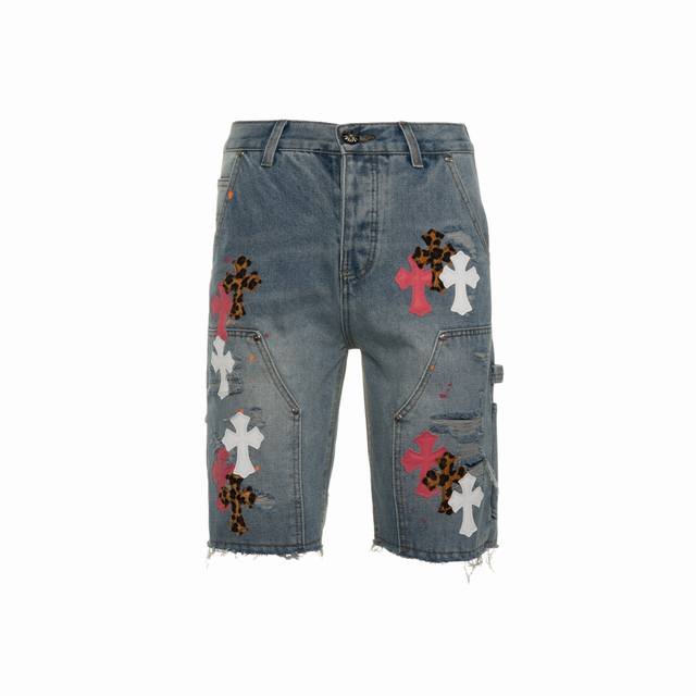Chrome Hearts ｜克罗心 Ch 克罗心蓝白多色拼皮泼墨牛仔美式工装短裤- 全套五金开模 下摆手工流苏磨边破坏设计 拼白色真皮 然后在做贴布 真李维斯