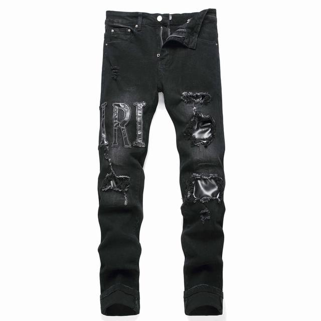 款号3640 图片实拍复刻版本 自主 Amiri 皮质刺绣 牛仔裤长裤 Amiri高街基础破洞紧身弹力牛仔裤长裤 Amiri品牌的牛仔裤打破的原有牛仔裤的制作工