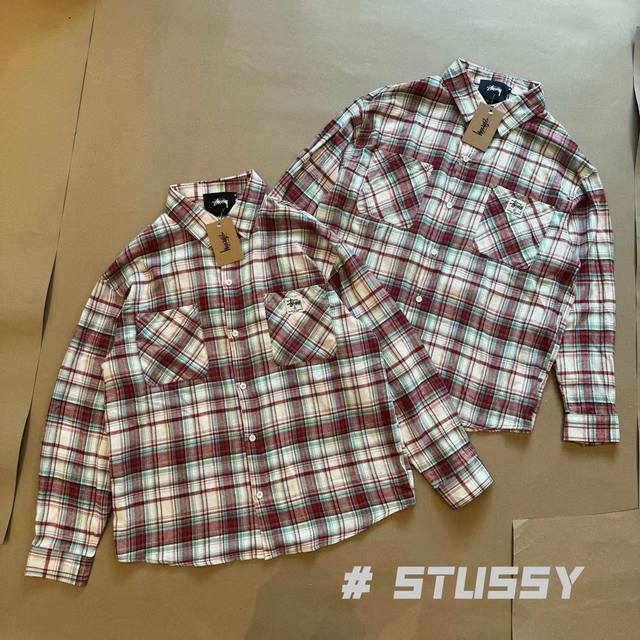 款号252 斯图西Stussy纯棉磨毛绣标格纹元素重磅毛边衬衫长袖 颜色：红色 尺码：M-Xl