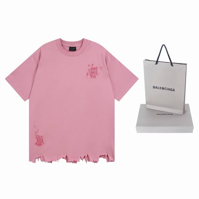 实拍图 顶级版本.官网品质 Balenci*Ga 25新款 正面以涂鸦加刺绣麦穗经典图案，后面字母彩色手绘涂鸦色彩碰撞做旧短袖T恤# Ss25最新款。第一时间研