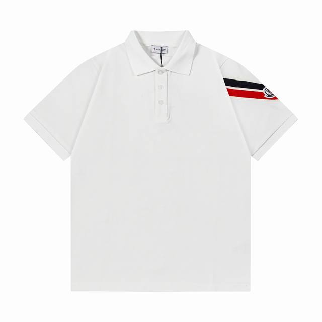 Moncler 蒙口 手袖织带徽章拼织2025新款 轻奢主义 定制小标字母Logo 男女同款 休闲polo衫 定制珠地面料 领标吊牌主唛三标齐全 颜色：白色 尺
