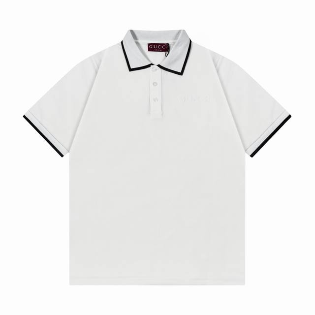 Guccl 古驰 2025新款 字母贴布刺绣黑白拼领 双G字母Logo 男女同款 休闲polo衫 定制珠地面料 领标吊牌主唛三标齐全 颜色：白色 尺码：S M