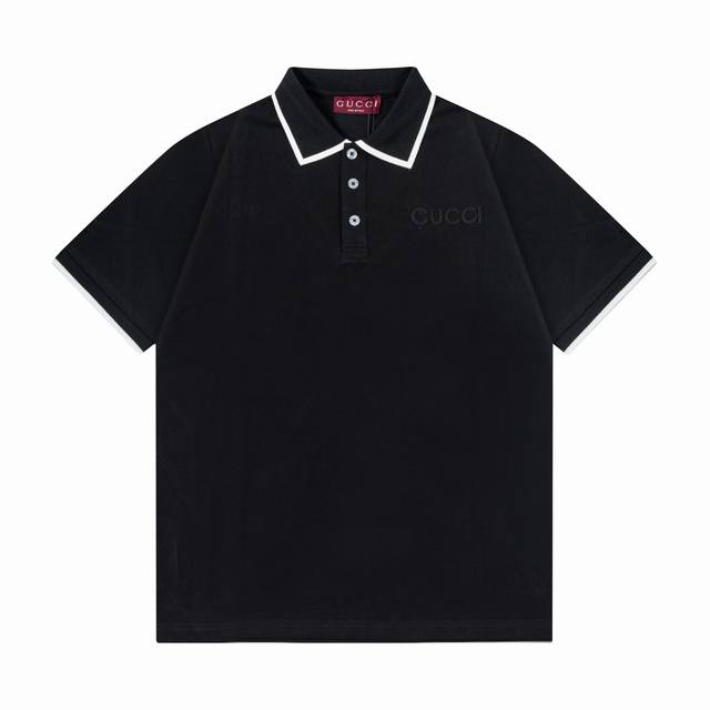 Guccl 古驰 2025新款 字母贴布刺绣黑白拼领 双G字母Logo 男女同款 休闲polo衫 定制珠地面料 领标吊牌主唛三标齐全 颜色：黑色 尺码：S M