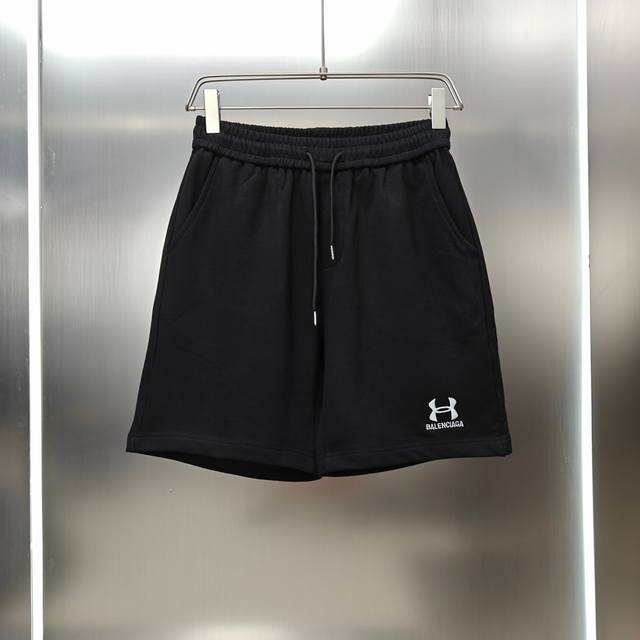 巴黎世家 Balenciaga 2025春夏新款短裤五分裤！ 定制专属400克重毛圈布纯棉面料 巴黎联名安德玛刺绣字母Logo工艺设计 颜色：黑色 尺码：S-2
