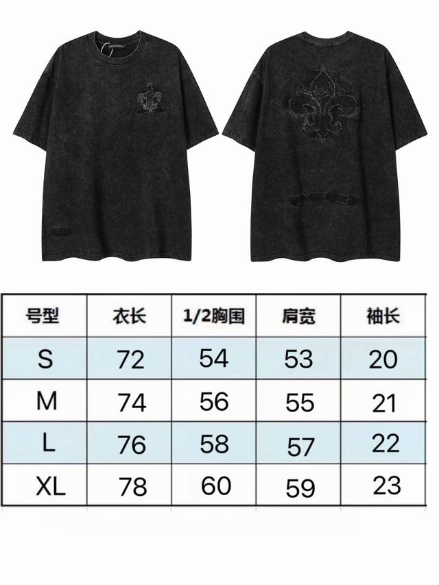 现货 p1002263 新款克罗高端尖货洗水重工叠布刺绣男女宽松圆领短袖T恤 克32支纯棉 颜色：洗水黑 码数：S M L Xl