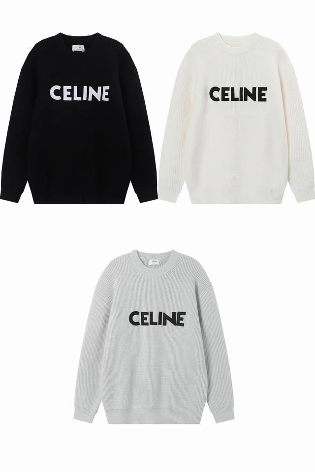 现货 Ce01 Celine 赛琳 圆领字母Logo竖纹中长款毛衣 针织衫男女同款 颜色 : 黑色 奶白色 浅灰色 码数Smlxl