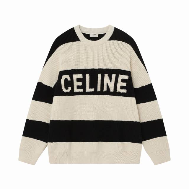 现货 Ce53 Celine 赛琳 24新款 字母Logo宽松条纹毛衣，男女同款 颜色：黑白条纹 码数：S M L Xl