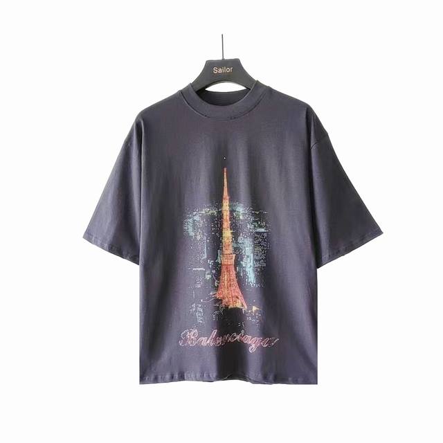 实拍细节图+尺码表 巴黎世家Balenciaga 东京铁塔银座限定短袖 进口椭圆机处理 在网点印花还得椭圆机高级 东京铁塔采用数码直喷工艺+网点工艺 细节自行品