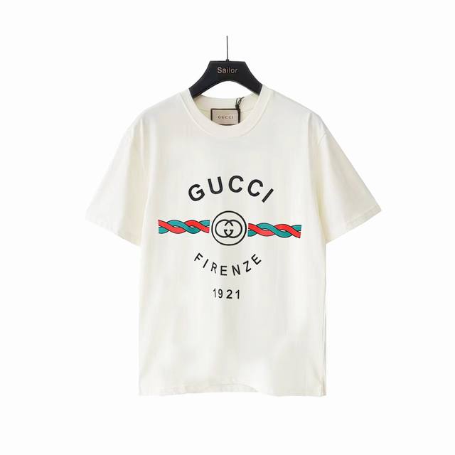 实拍细节图+尺码表 Gucci 古驰 麻花条纹印花短袖T恤 面料采用32支双纱230G面料 定染颜色 电脑扫描1:1出菲林 手工丝网台版印花 进口耐水洗混合浆料