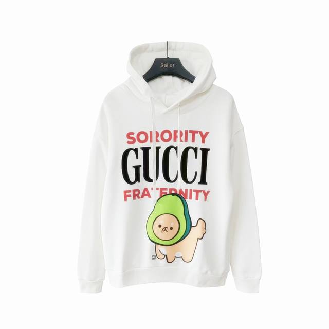 实拍细节图+尺码表 Gucci 古驰 × Kawaii 卡哇伊 植绒字母及发泡牛油果狗彩色连帽卫衣 420克纯棉进口面料，专柜款独特设计，字母植绒印+卡通图案发