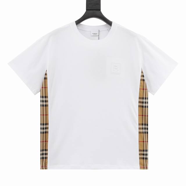 Burberry 巴宝莉 胸前B标刺绣格纹拼接短袖 定制Bbr专用190G全棉60支双股布料，前幅标识图案40000针，为进口田岛机刺绣，字体越小越体现绣花工艺