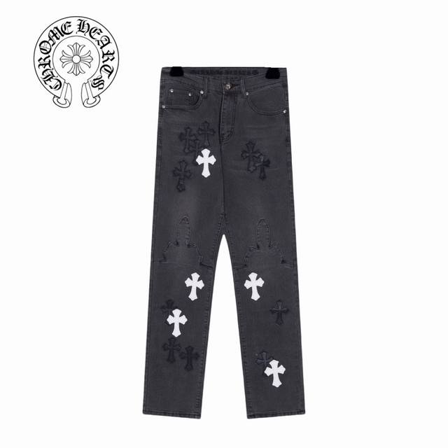 款号：X039 款式：克罗心24Ss Vip定制黑白贴皮火焰高街牛仔裤 面料：采用珠帆布面料，经重工水洗，上身质感足，水洗后柔软且透气性好。 版型：整裤立体裁剪
