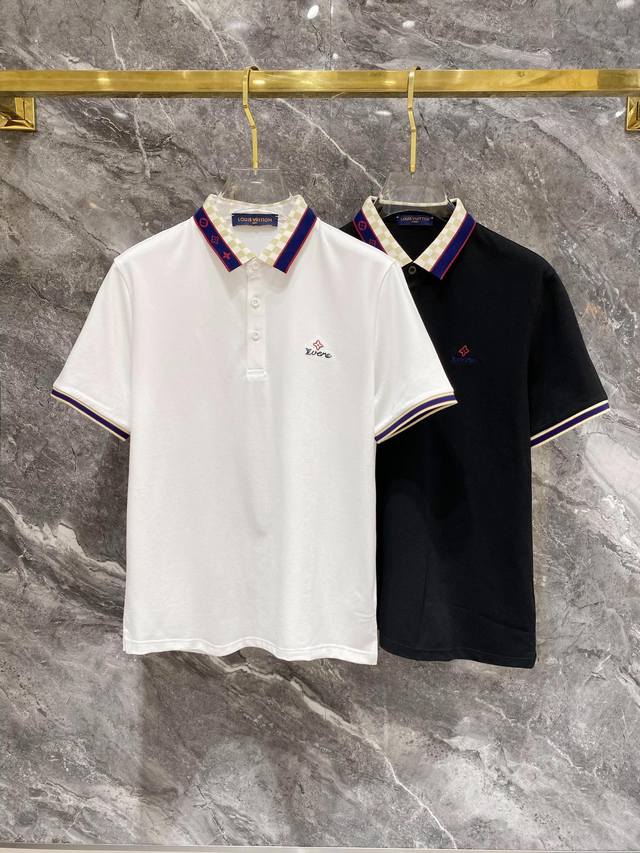 Lv25Ss新款春夏短袖翻领T恤polo，最高版本客供定制高端朱地面料简单时尚款，螺纹拼色螺纹配色超级好看！胸前Lv刺绣经典Logo简单大方的款式！满满的高级感
