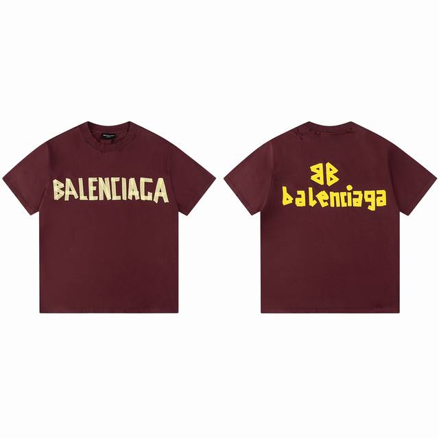 款M74 巴黎世家酒红色胶带 Balenciaga 巴黎.23Ss最新经典款.胶带拉浆印花.成衣水洗磨烂做旧短袖T恤.砖柜同步.面料采用巴黎Zp定织定染全棉双纱