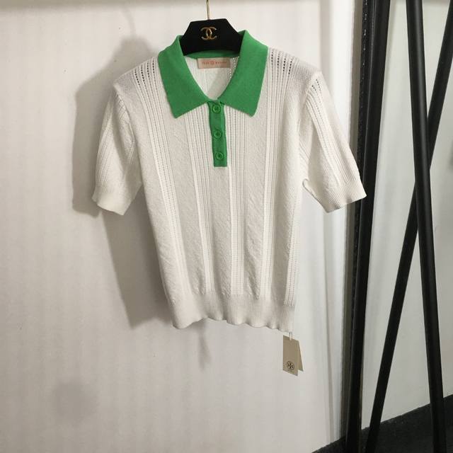 款号20252075 Tory Burc* Tb新款 拼色polo领条纹镂空短袖针织衫上衣，白色，粉色，绿色，36 38 40， 38码；肩宽37，胸围80，袖