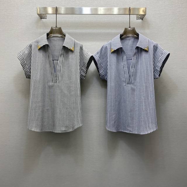 Va*25Ss 性感气质V领金属扣点缀条纹衬衣，高级面料，颜色:图片2色，面料：亚麻条纹面料 Smlxl
