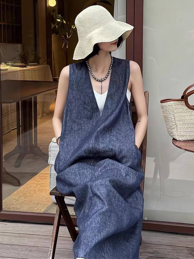 连衣裙 亚麻休闲度假风无袖背心长裙！上身效果美美哒！图色四码Smlxl