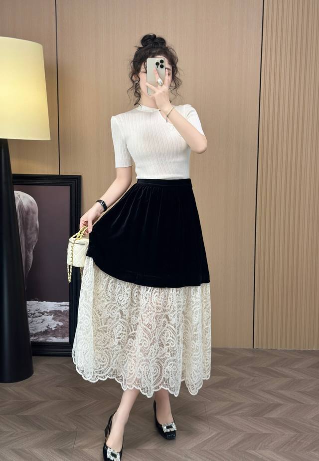 春夏上新 真丝丝绒拼蕾丝长裙 两色S-Xl ，黑色，杏色