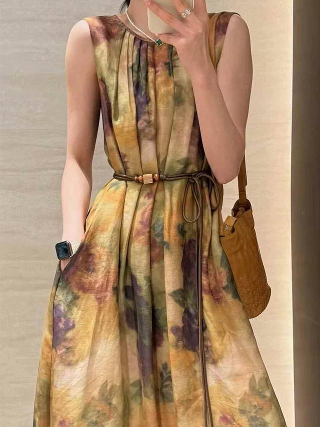 爆款上新 复古晕染油画印花连衣裙 后背排扣 定制腰带精致感拉满 面料：苎麻 尺码：S Xl