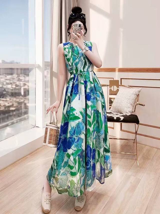 爆款推荐！！海边度假风苎麻连衣裙！！新款水彩晕染印花无袖背心裙Smlxl