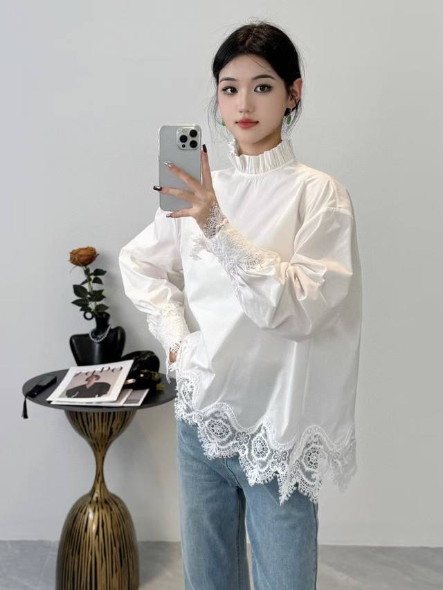 爆款推荐！！高档精梳抗皱棉！拼水溶蕾丝跑量内搭花边小立领上衣！Smlxl