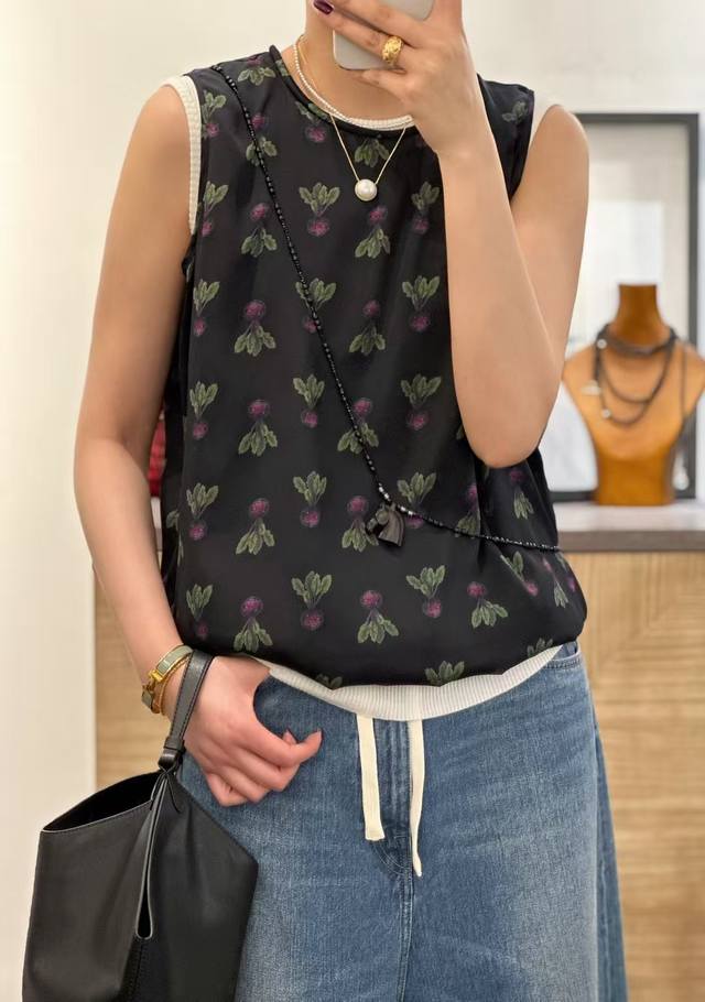 爆款上新 圆领印花真丝无袖上衣 面料：桑蚕丝 颜色：黑色 尺码:S-Xl