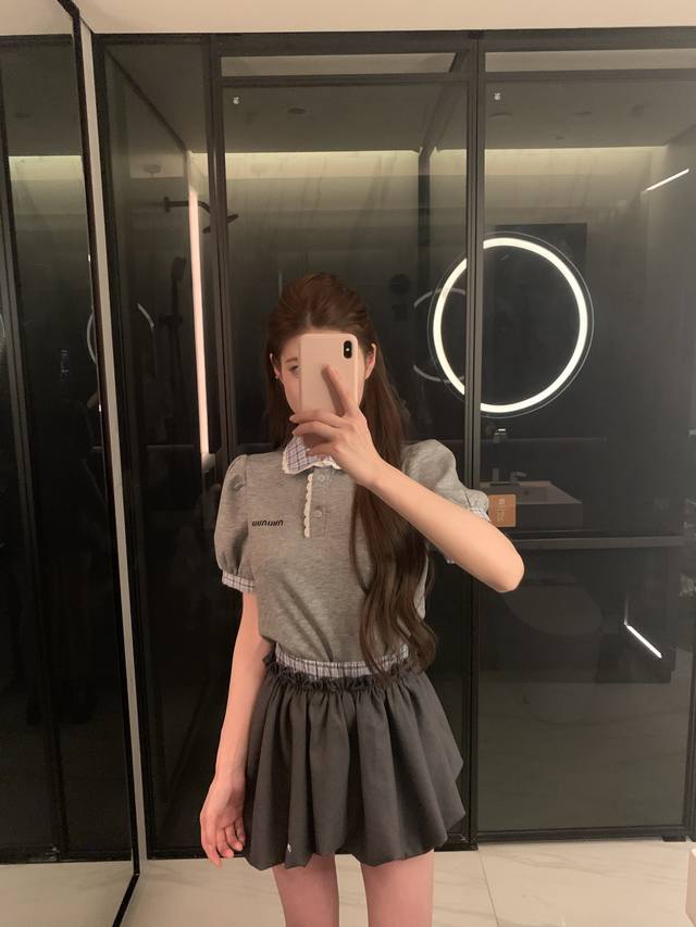 Miumi*经典格子拼接polo衫短袖T灯笼裙裤套装～～Sml