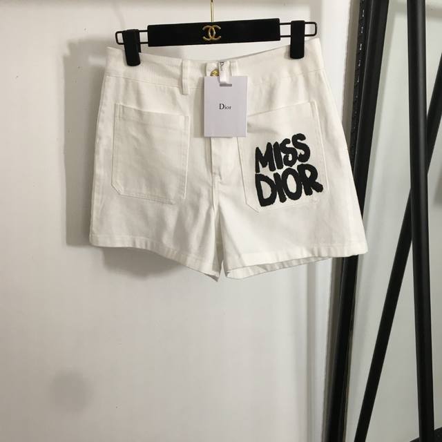 款号20252197 Dio*新款 Miss字母印花口袋高腰牛仔短裤，白色，Sml， M码；腰围70，长36