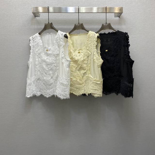 Di*25Ss 重工定位绣花接金属扣点缀V领背心上衣，高级面料，颜色:图片3色，面料：精纺绣花棉面料 Smlxl