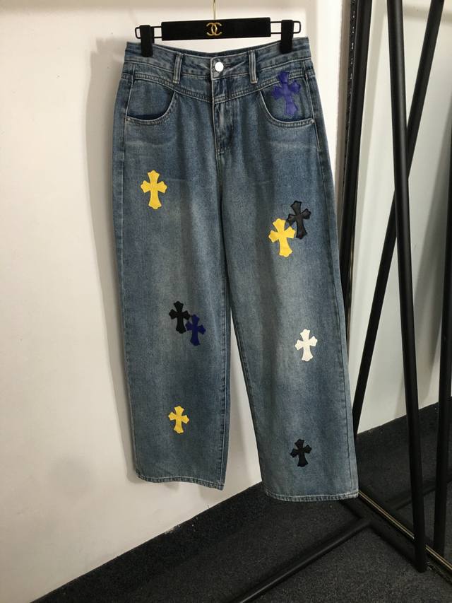 款号20252268 克罗心*新款 拼皮十字架高腰显瘦牛仔长裤，蓝色，S-Xl， M码；腰围72，长106
