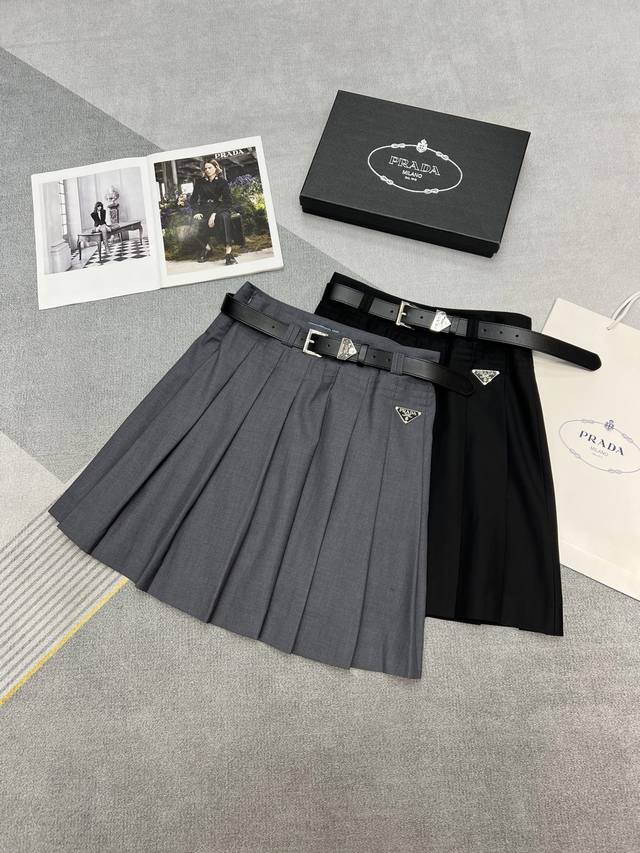 高品质prad*25年夏季新款百褶裙 三角牌Logo设计搭配高级定制腰带特高级 灰色黑色Sml