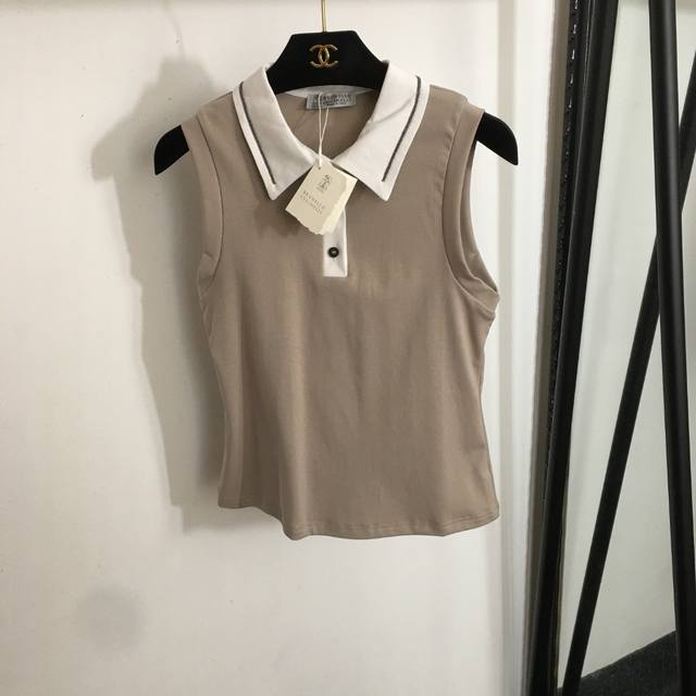 款号20252410 Brunello Cucinell* Bc新款 串珠拼色polo领修身纯棉背心，杏色，灰色，Sml， M码；胸围76，长53