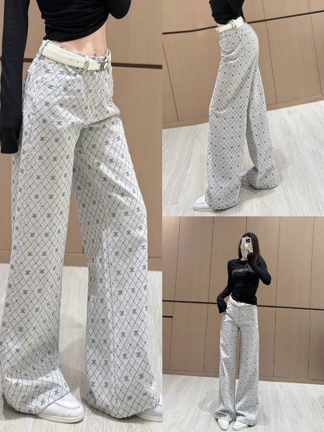 裤子 春夏新款中古风菱格满印Logo直筒牛仔裤 码数:Smlxl 面料：牛仔 M码腰围76裤长107 每个码胸围平铺腰围相差，衣长肩宽相差1厘米，以此类推