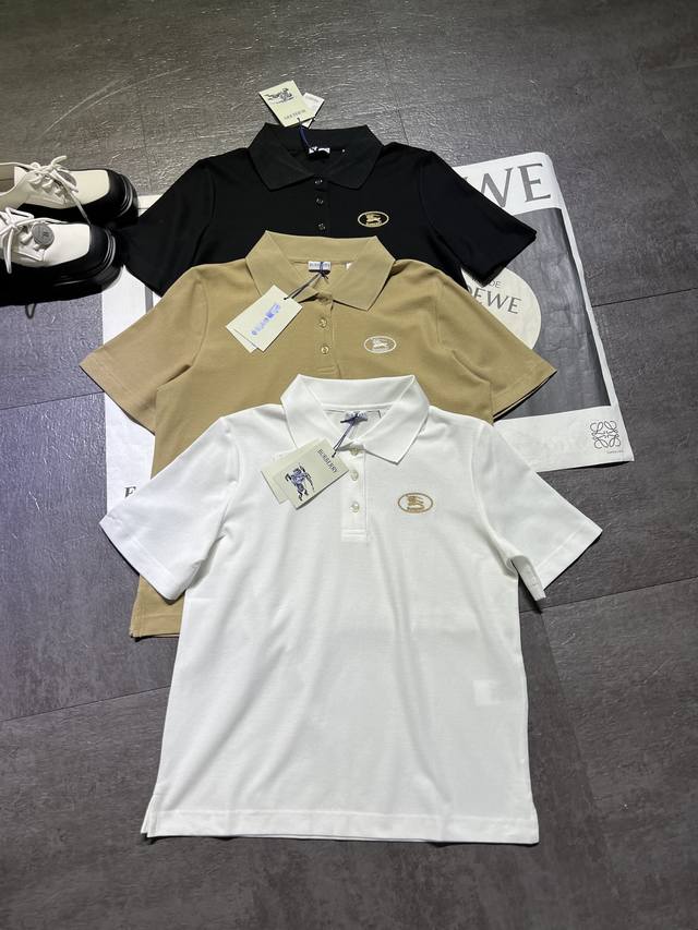 pp 原版开发Burberr+*巴宝莉 亚麻色棉质 polo 衫 舒适 翻领商务女士短袖上衣出货，三色一起出，高端版本，1:1定制，认准高版本来，三色Sml