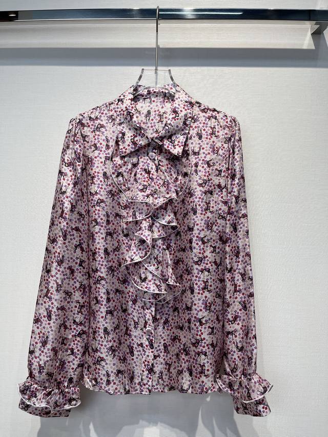2025新款 印花荷叶领边真丝衬衣 时尚洋气 Size: S- L