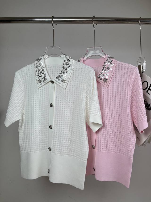 2025夏季新款 领订珠华夫格 短袖开衫 四色 Size: S- L