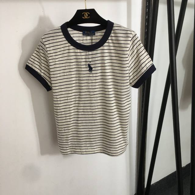 款号20252418 polo Ralph Lauren 拉夫.劳伦新款 马球刺绣条纹短袖竹节棉T恤，米白色，Sml， M码；肩宽36，胸围96，袖长16，长5