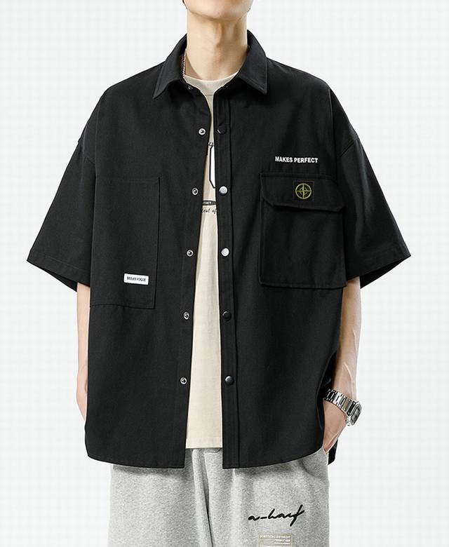stone Island 石头岛夏季海外官网纯色基础款肌理纹质感短袖衬衫，男女同款 Ins 抖音 微博各大网红博主纷纷上身，版型好看，上身有型，修饰完美身形，精