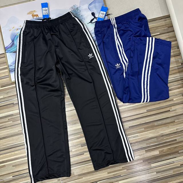万针刺绣Adidas 阿迪三叶草运动长裤深蓝色藏青色黑色三条杠复古Ins同款 密码3817直筒裤裤脚带拉链设计卫裤 春夏季新款2025三叶草阿迪达斯三条杠阔腿裤