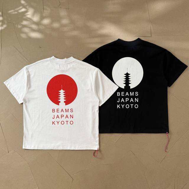 beams五重塔剪影红绳短袖T恤 522 五重塔剪影具有典型日本建筑风格，文字“Beams Japan Kyoto”表明品牌以及与日本京都的关联，展现出浓郁的日