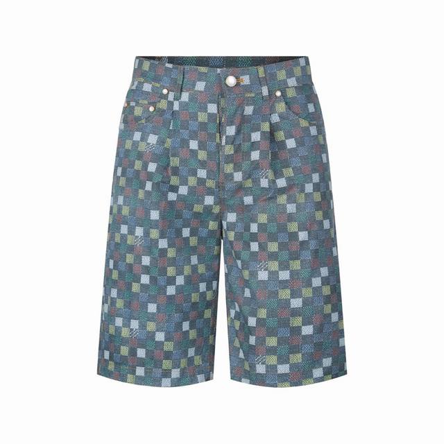 专柜1:1版本 高端定制] Louis Vuitton 路易威登Lv 专柜款棋盘压印牛仔棉布休闲短裤 款号：68046 尺码：30 32 34 36 颜色：蓝色