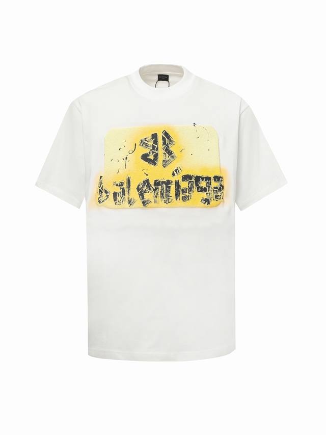 顶级最高版本 尺码偏大 B家 巴黎世家 Balenciaga 经典黄色涂鸦重工艺印花圆领半袖T恤短袖 男女同款 情侣款 宽松版型 最高版本 原版面料 高版本 高