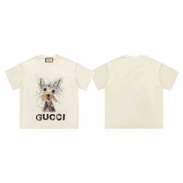 gucci 古驰 25Ss卡通手绘雪纳瑞印花情侣圆领短袖T恤-顶级原单版本 Color：杏色 Size：S M L Xl Number：250360 选用客供定