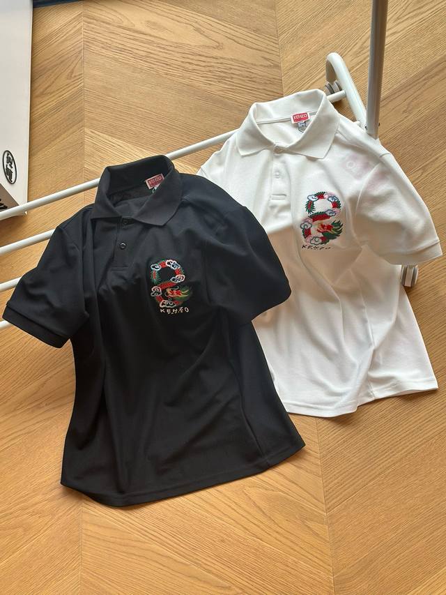 kenzo高田贤三 祥云龙刺绣翻领Polo衫 男女同款 黑色 白色 S~Xl 原版 % Polo网眼棉，亲肤舒适，刺绣龙身加祥云十一种颜色，原版细节 洗水唛、吊