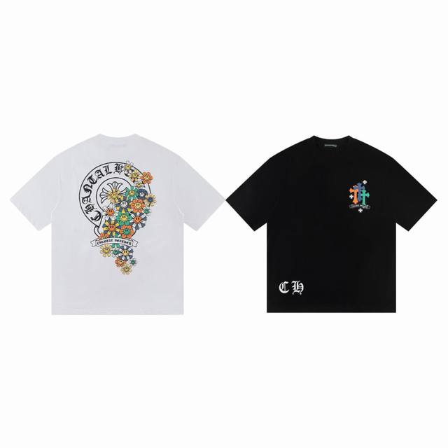 chrome Hearts Ch 克罗心 限定款太阳花十字梵文发泡印花情侣圆领短袖T恤-顶级版本 Color：黑色 白色 Size：S M L Xl Numbe