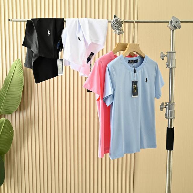 上新 女款四色经典25年夏季新款Ralph Lauren 拉夫劳伦，四色纯棉圆领T恤短袖棉面料！面料采用190G杜邦索罗娜丝光棉 颜色：白色 黑色 玫红 天蓝