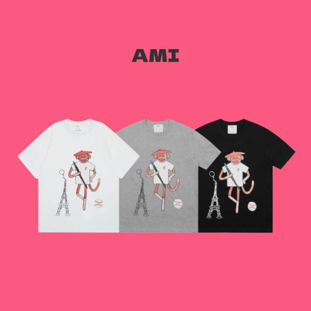 ami Paris 艾米 Nova 艺术家联名款限定猴子印花圆领情侣短袖T恤-顶级版本 Color：白色 黑色 灰色 Size：S M L Xl Nomber：